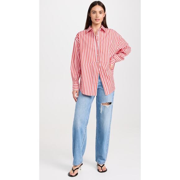 FAVORITE DAUGHTER Red White Stripe Pattern Front Button Open Hem Shirt sz Large - Picture 1 of 13